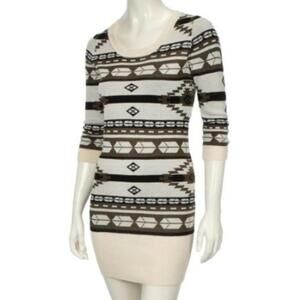 Tribal Print Mini Sweater Dress Juniors XL Cream Green Black Scoop Neck NEW